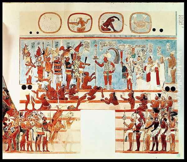 Copy of a wall painting from Bonampak depicting Mayan priests and nobles judging prisoners of war Oil Painting by Antonio de Tejeda