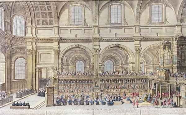 A Prospect of the Choir of the Cathedral Church of St. Paul, on the General Thanksgiving, the 31st of December 1706. Her Majesty and both Houses of Parliament present Oil Painting by Trevett, Robert