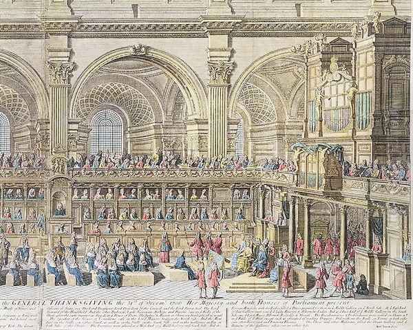 A Prospect of the Choir of the Cathedral Church of St. Paul, on the General Thanksgiving, the 31st of December 1706. Her Majesty and both Houses of Parliament present 2 Oil Painting by Trevett, Robert