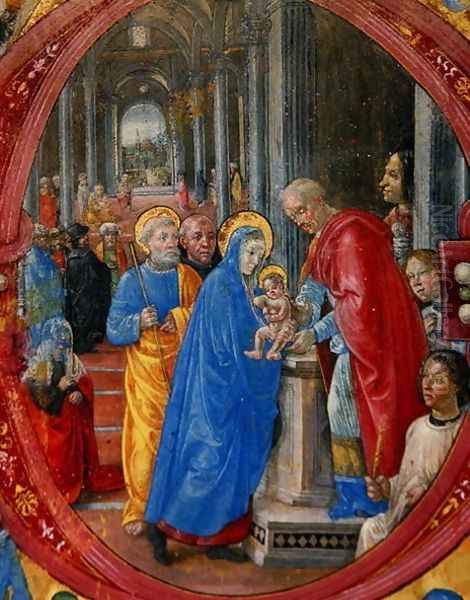 Corale B 26 c.113r Historiated initial C depicting the Presentation in the Temple, with a portrait of Lorenzo the Magnificent 1449-92 by a column on the right hand side Oil Painting by di Baldassare (Frate Eustachio) Tommaso