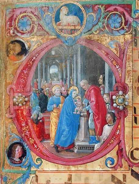 Corale B 26 c.113r Historiated initial C depicting the Presentation in the Temple, with a portrait of Lorenzo the Magnificent 1449-92 by a column on the right hand side 2 Oil Painting by di Baldassare (Frate Eustachio) Tommaso