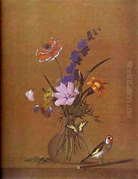 Flowers Butterfly And Bird 1820 Oil Painting by Fedor Petrovich Tolstoy