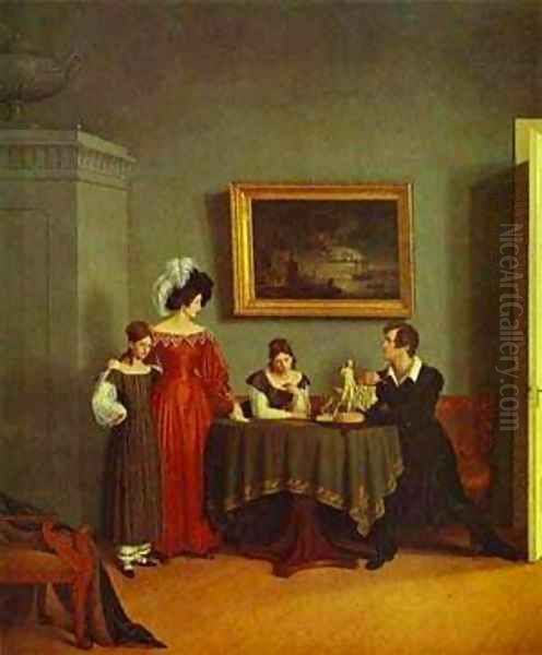 Self Portrait With Family Detail 1830 Oil Painting by Fedor Petrovich Tolstoy