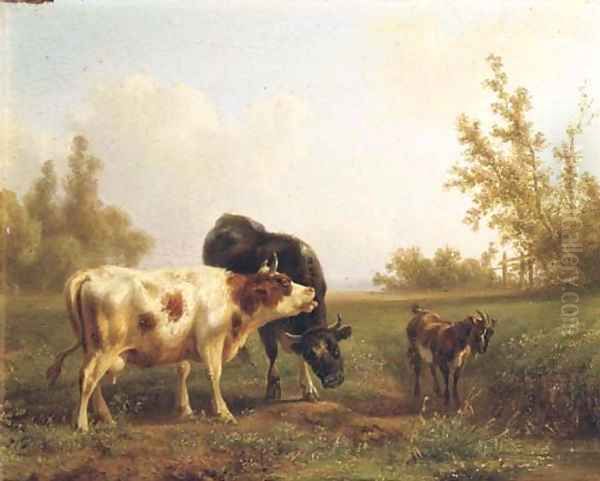 Cows and a goat in a sunlit meadow Oil Painting by Jan Bedijs Tom