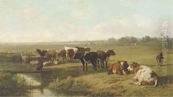 Cattle in an extensive polder landscape Oil Painting by Jan Bedijs Tom