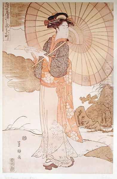 Standing woman with a parasol Oil Painting by (Utagawa Toyoshige) Toyokuni II