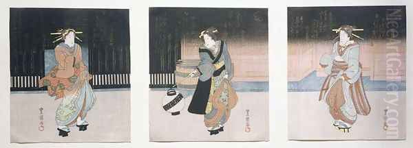 Geisha at Night Triptych, 1818-30 Oil Painting by (Utagawa Toyoshige) Toyokuni II