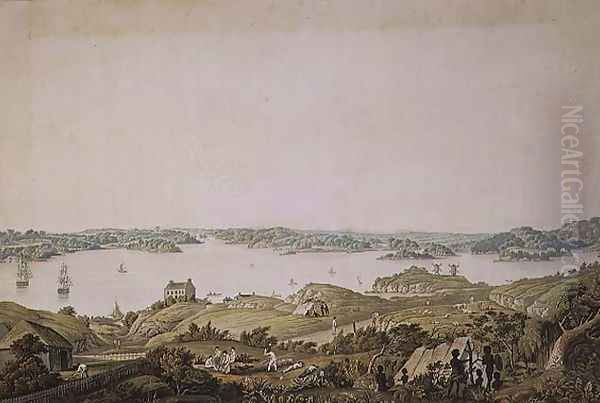 Part of the harbour of Port Jackson and the country between Sydney and the Blue Mountains, New South Wales, right section of a panoramic view, c.1821 Oil Painting by Taylor, Major James