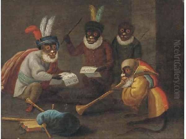 Singeries monkeys dining and making music Oil Painting by David The Younger Teniers