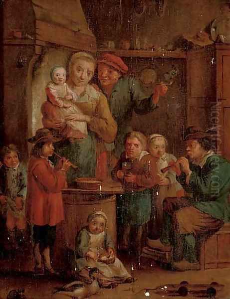 A family in a kitchen interior with two musicians Oil Painting by David The Younger Teniers