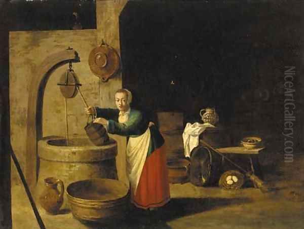 A barn interior with a woman at a well Oil Painting by David The Younger Teniers