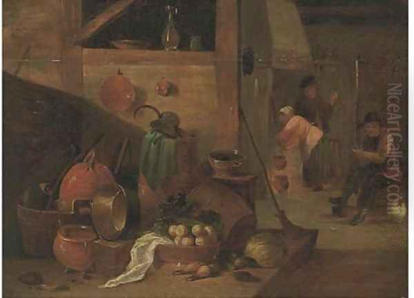 A kitchen interior with peasants Oil Painting by David The Younger Teniers