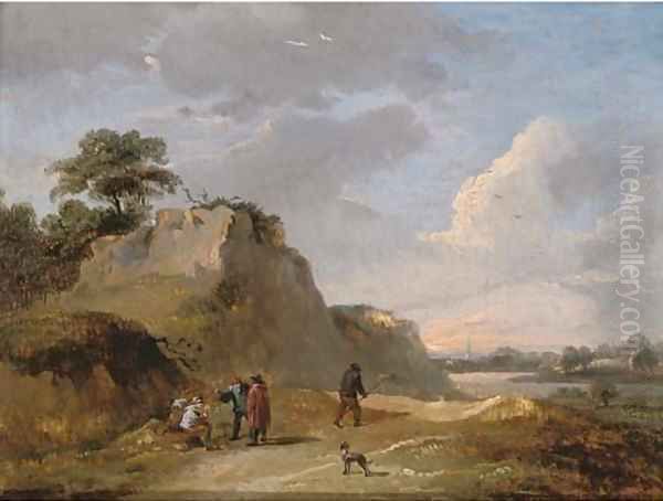 An extensive dune landscape with travellers resting on a track Oil Painting by David The Younger Teniers