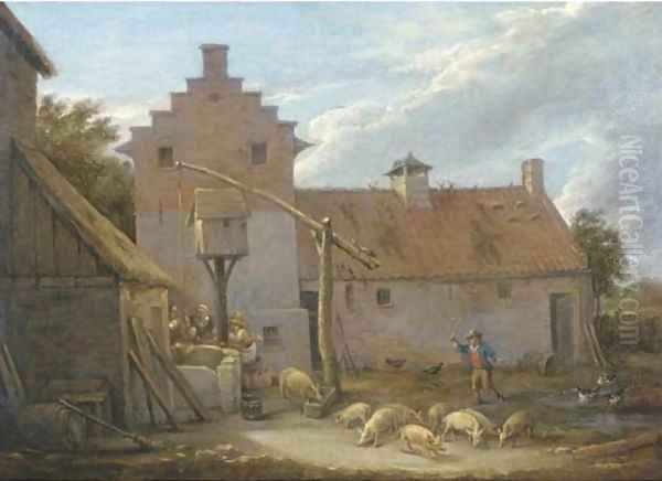 A farmyard with pigs and ducks by a pool, with peasants at a nearby well Oil Painting by David The Younger Teniers