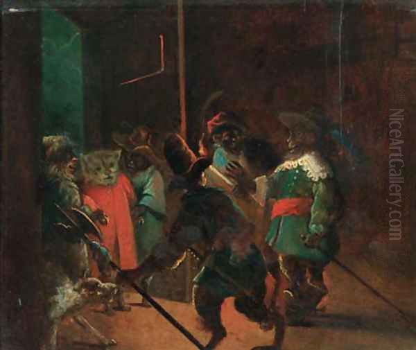 A singerie monkeys dressed as soldiers arresting a cat Oil Painting by David The Younger Teniers