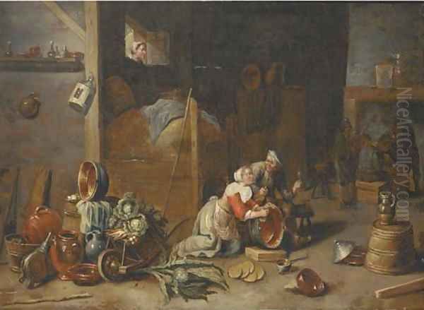 An interior with a maid scourging a pan and talking to a boor, with other peasants smoking and drinking beyond Oil Painting by David The Younger Teniers