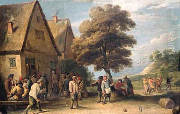 Boors playing ringball by an inn in a landscape Oil Painting by David The Younger Teniers