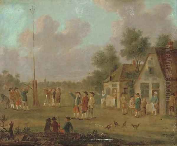 Peasants outside a tavern playing skittles; and Figures outside a tavern by a May pole Oil Painting by David The Younger Teniers