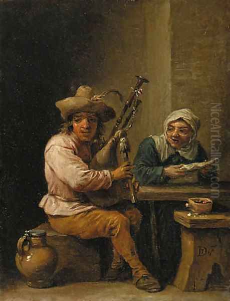 A bagpipe player with a lady reading a letter in an interior Oil Painting by David The Younger Teniers