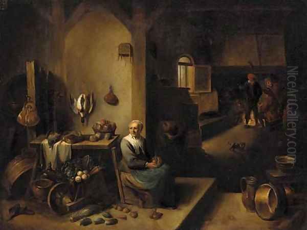 A kitchen interior with a lady seated at a table and boors around a fire beyond Oil Painting by David The Younger Teniers