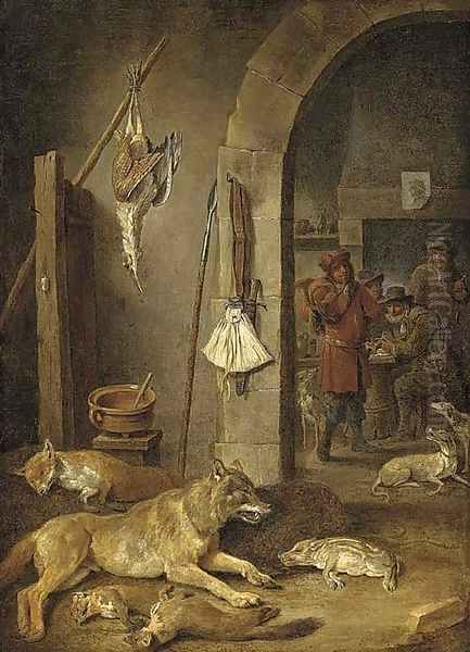 Huntsmen after the chase in an interior, with a hunting still life in the foreground Oil Painting by David The Younger Teniers