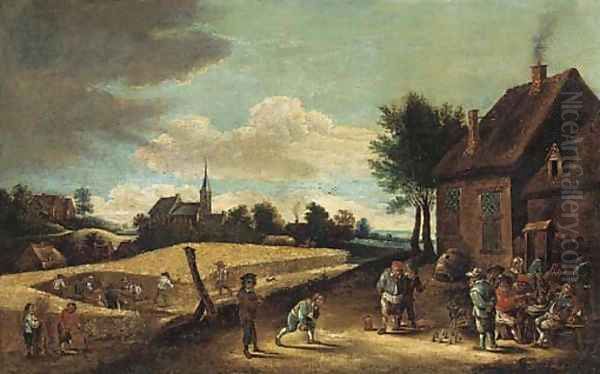 Peasants playing skittles outside an inn with farmhands harvesting in a nearby field Oil Painting by David The Younger Teniers