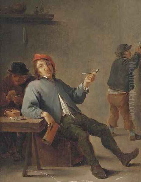 A boor smoking in an interior Oil Painting by David The Younger Teniers