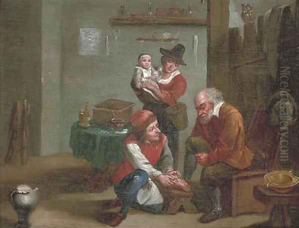 A chiropodist treating a man's foot with a peasant woman and a baby watching Oil Painting by David The Younger Teniers