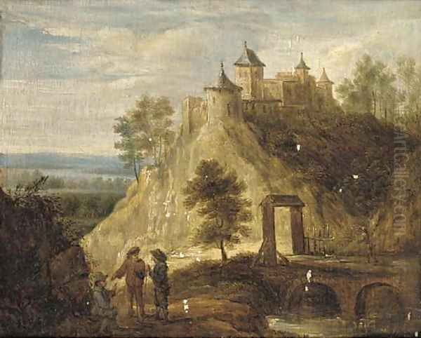 A hilly landscape with peasants on a path by a river, a castle beyond Oil Painting by David The Younger Teniers