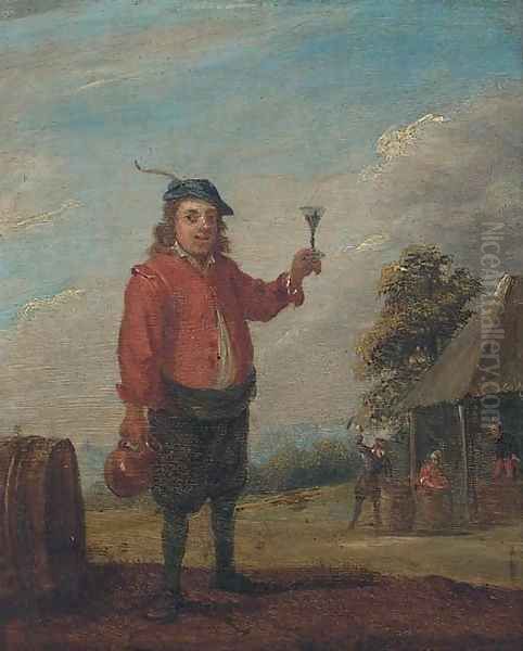 A peasant holding a jug and a roemer of wine near an inn Oil Painting by David The Younger Teniers