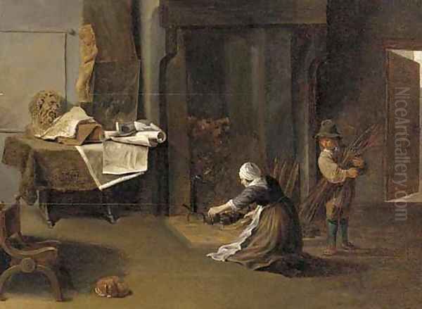 A young man and a woman lighting a fire in a study Oil Painting by David The Younger Teniers