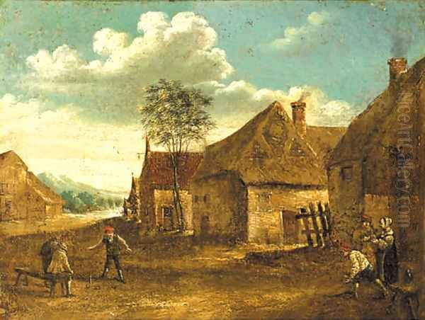 Boors playing at skittle on a farmyard Oil Painting by David The Younger Teniers