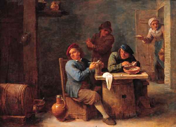 Boors smoking in a barn Oil Painting by David The Younger Teniers