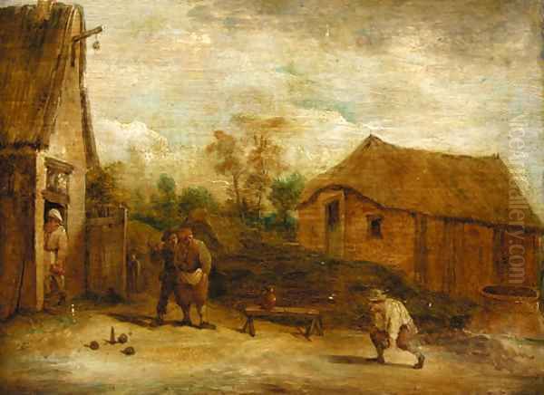 Figures playing skittles before a cottage Oil Painting by David The Younger Teniers