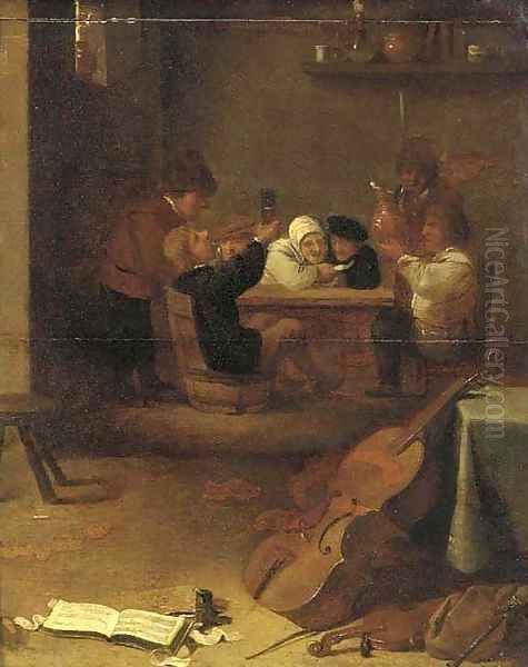 Peasants drinking and smoking in an inn, musical instruments in the foreground Oil Painting by David The Younger Teniers