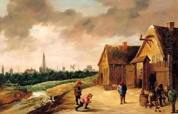 Peasants playing skittles beside a stream outside an inn, a view of Antwerp beyond Oil Painting by David The Younger Teniers