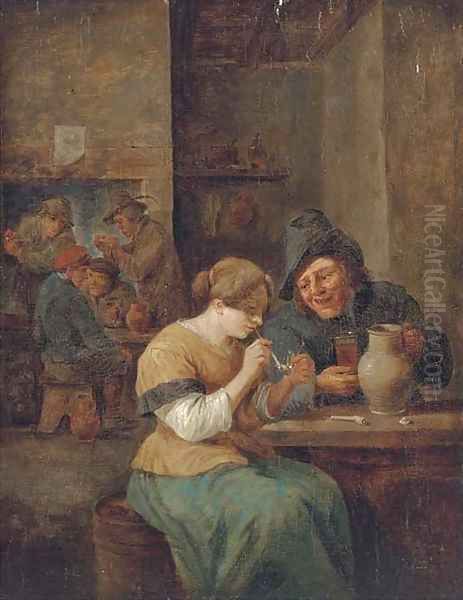 Peasants smoking and drinking in a tavern 2 Oil Painting by David The Younger Teniers