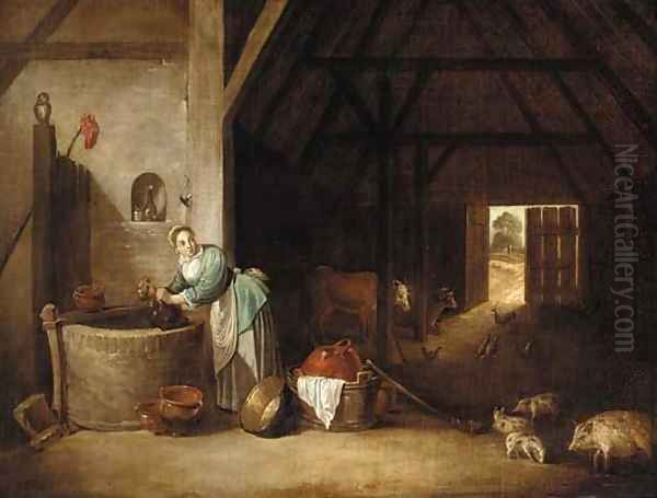 The interior of a barn with a woman at a well Oil Painting by David The Younger Teniers