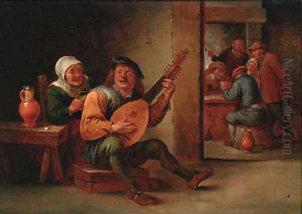 A boor playing a lute in an interior with a woman drinking at his side, peasants playing cards beyond Oil Painting by David The Younger Teniers