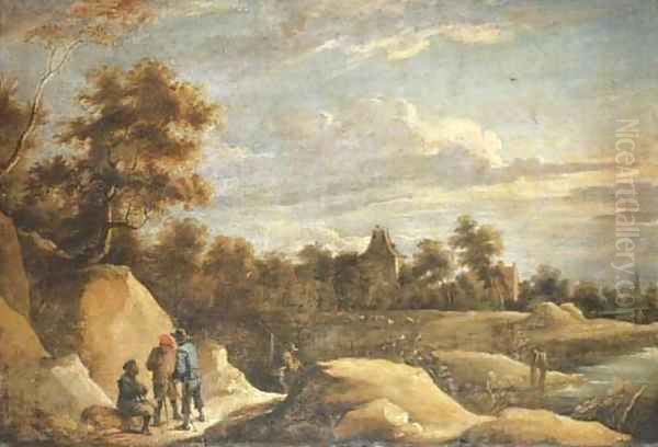 A landscape with peasants conversing on a path by a river, a chateau beyond Oil Painting by David The Younger Teniers