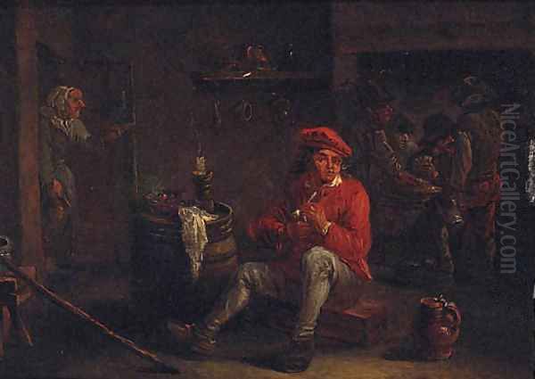 A man smoking a pipe in an inn with card players beyond Oil Painting by David The Younger Teniers