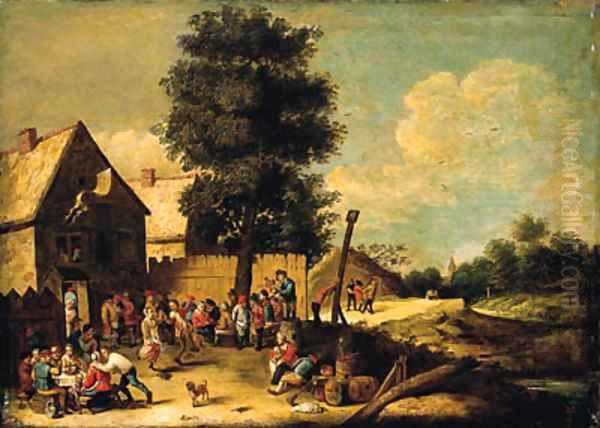 A peasant couple dancing to the music of a bagpiper, standing on a barrel, with other peasants merrymaking, ouside an inn Oil Painting by David The Younger Teniers