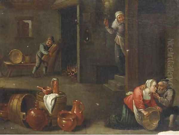 A peasant couple in an interior, with kitchen utensils in the lower foreground Oil Painting by David The Younger Teniers