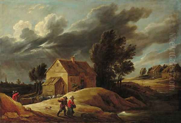 A Peasant couple on a path and a herdsman driving his cattle in a dune landscape, a town beyond Oil Painting by David The Younger Teniers