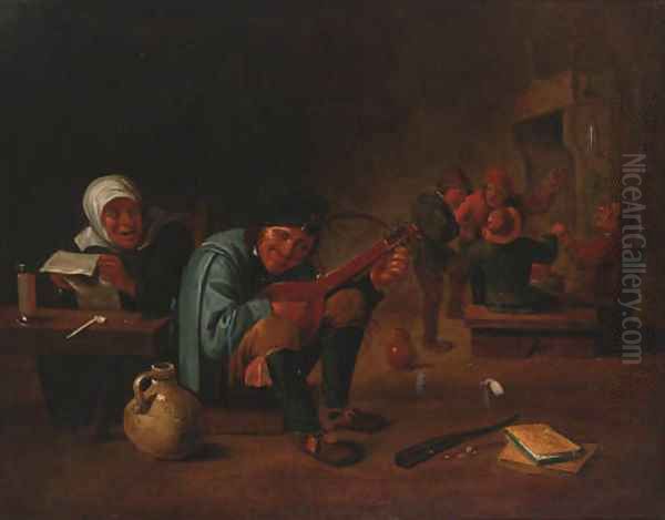 A peasant playing a lute in a tavern interior Oil Painting by David The Younger Teniers