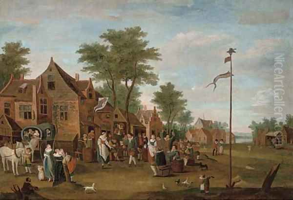 A river landscape with peasants merry-making outside an inn Oil Painting by David The Younger Teniers