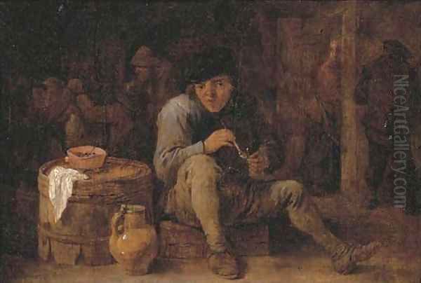 A seated peasant smoking in an interior, other figures in the background Oil Painting by David The Younger Teniers