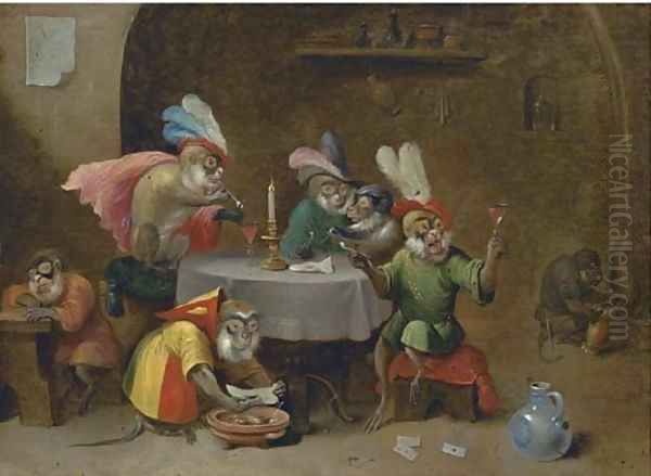 A tavern interior with monkeys drinking and smoking Oil Painting by David The Younger Teniers