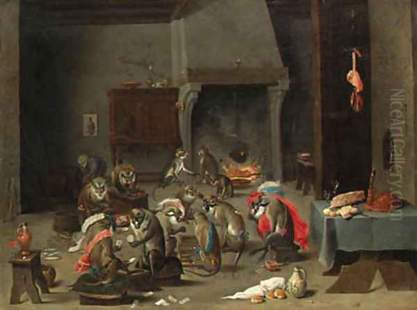 A Tavern Interior with Monkeys playing Cards and Backgammon Oil Painting by David The Younger Teniers