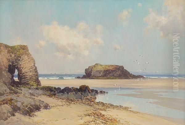 Chapel Rock, Perranporth, Cornwall Oil Painting by Frederick John Widgery